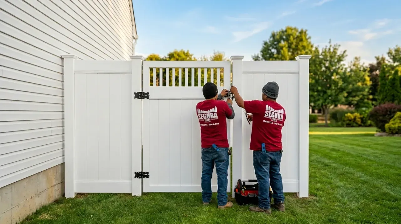 Worker installs modern fence amid landscaping in New Jersey